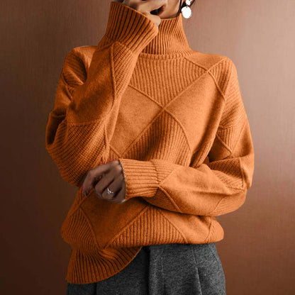 Comfortable Diamond Knit Sweater for Women with Turtleneck Long Sleeve Relaxed Oversized Style