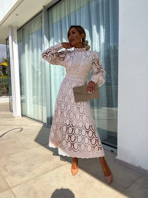 Elegant Crochet Lace Midi Dress for Women with High Neck Bishop Sleeve Scalloped Hem Wedding Guest Style