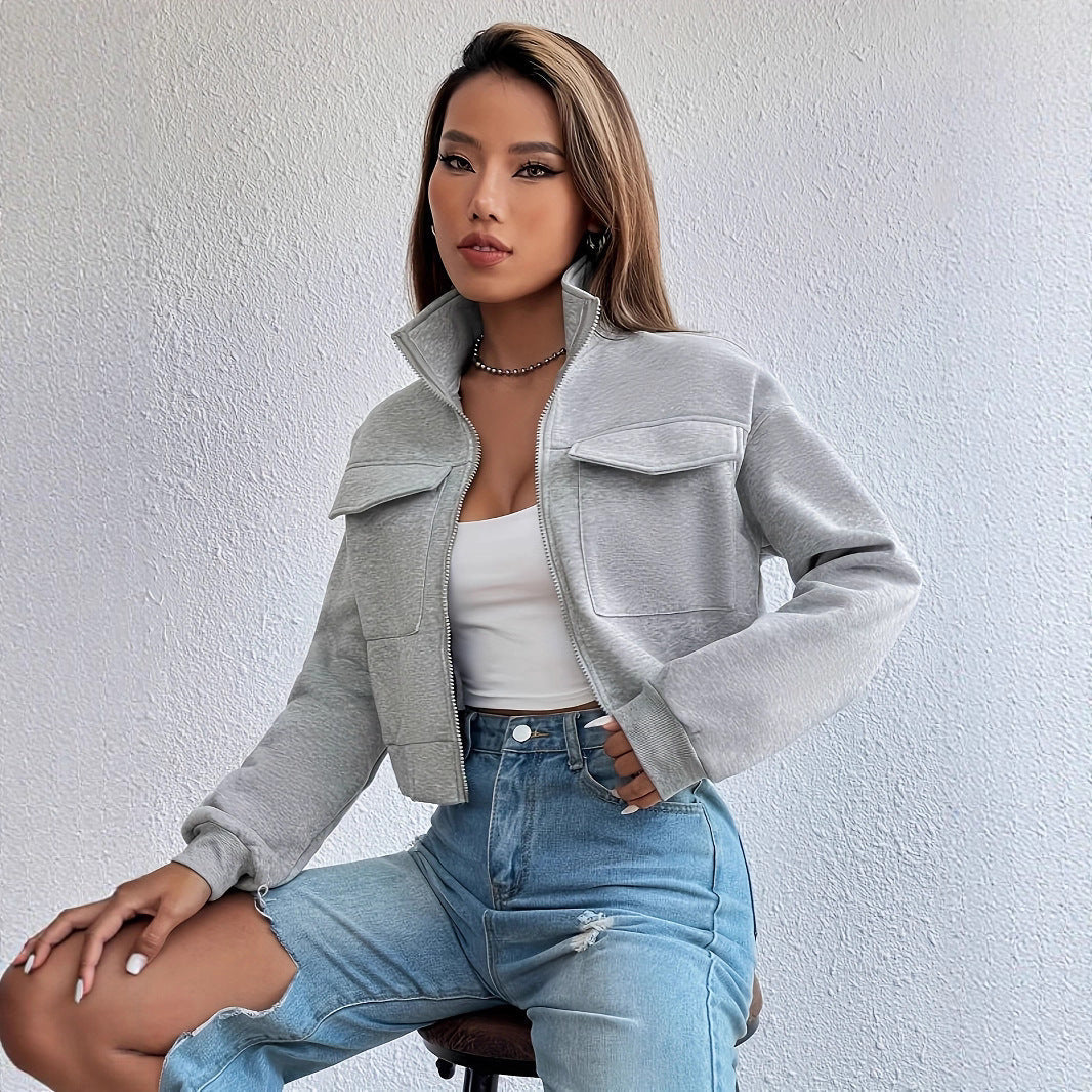 Women's Cropped Zip Front Pockets Jacket