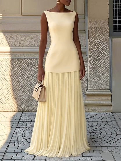 Elegant Pleated Maxi Dress for Women with Boat Neck Sleeveless Fitted Bodice Flowing Wedding Guest Style