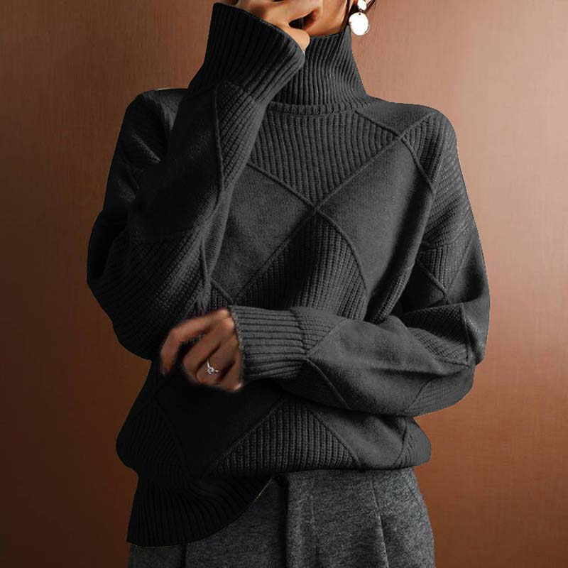 Comfortable Diamond Knit Sweater for Women with Turtleneck Long Sleeve Relaxed Oversized Style