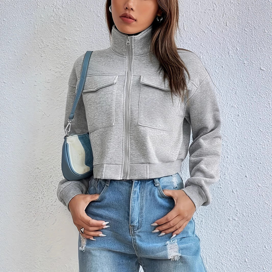 Women's Cropped Zip Front Pockets Jacket