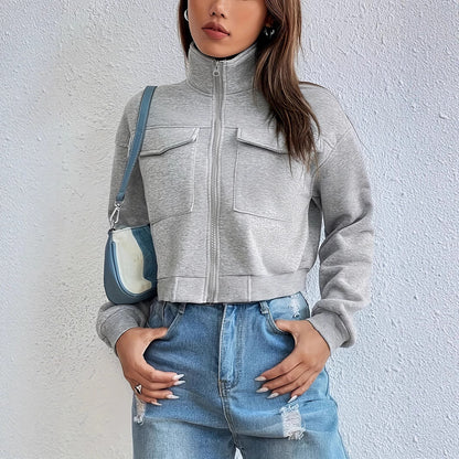Women's Cropped Zip Front Pockets Jacket