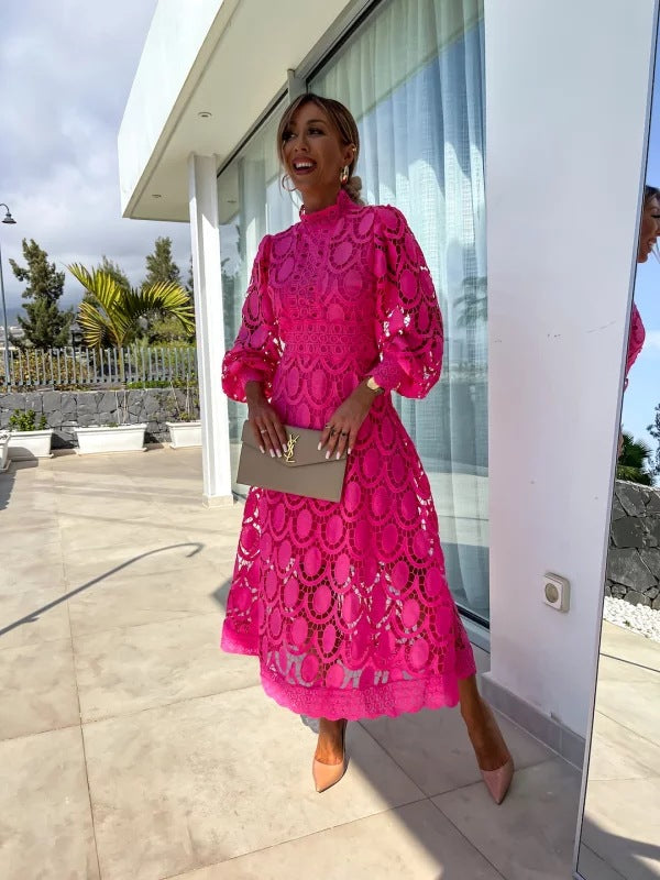 Elegant Crochet Lace Midi Dress for Women with High Neck Bishop Sleeve Scalloped Hem Wedding Guest Style