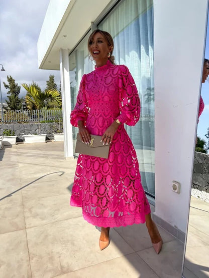 Elegant Crochet Lace Midi Dress for Women with High Neck Bishop Sleeve Scalloped Hem Wedding Guest Style