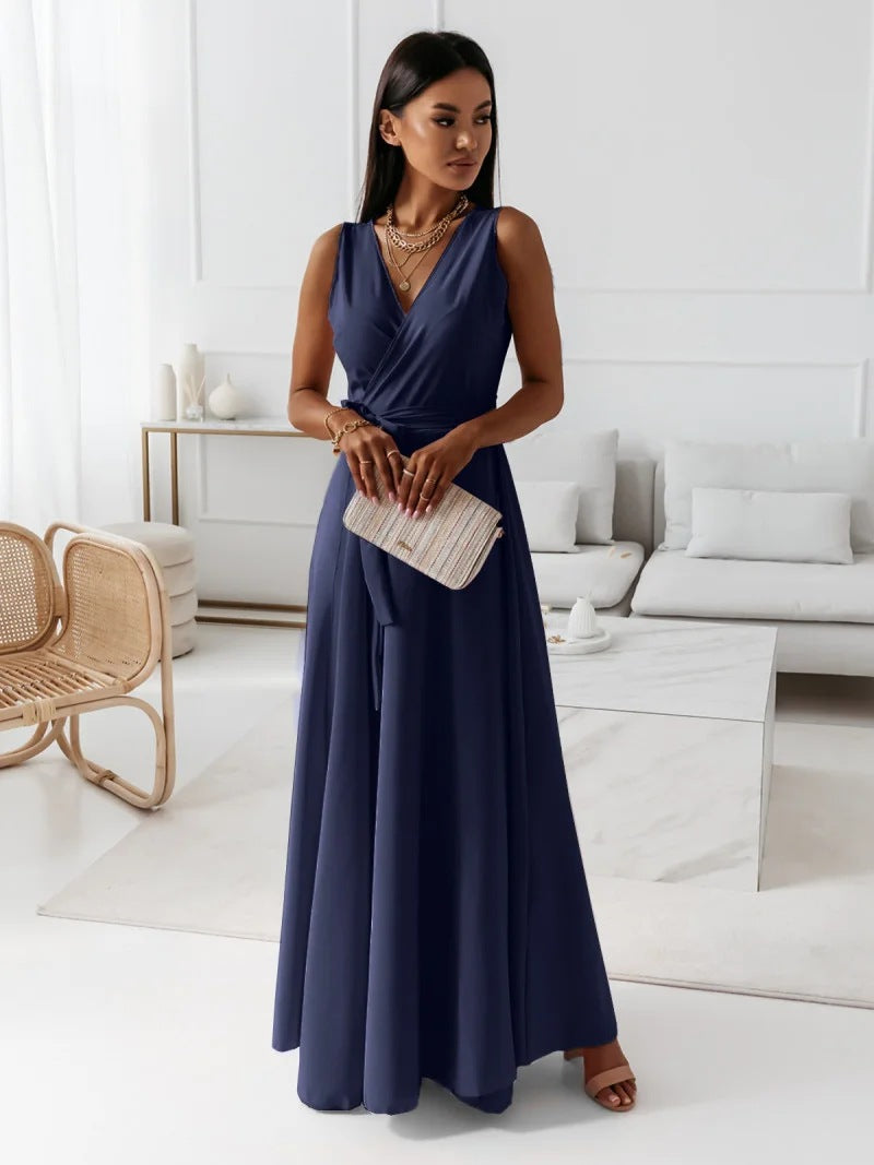 Elegant Wrap Autumn Wedding Guest Dress for Women with V Neck Sleeveless Belted Flowing Style