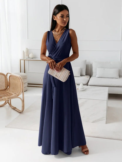 Elegant Wrap Autumn Wedding Guest Dress for Women with V Neck Sleeveless Belted Flowing Style