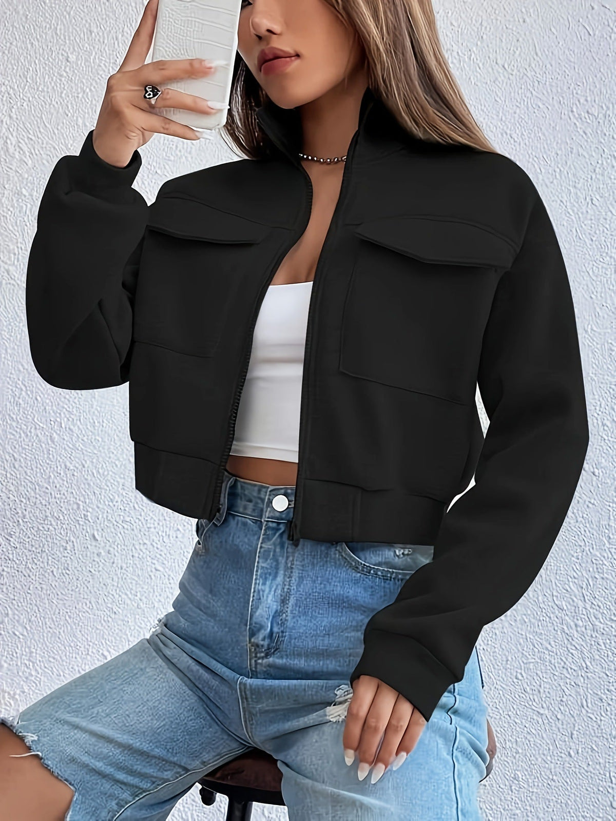 Women's Cropped Zip Front Pockets Jacket