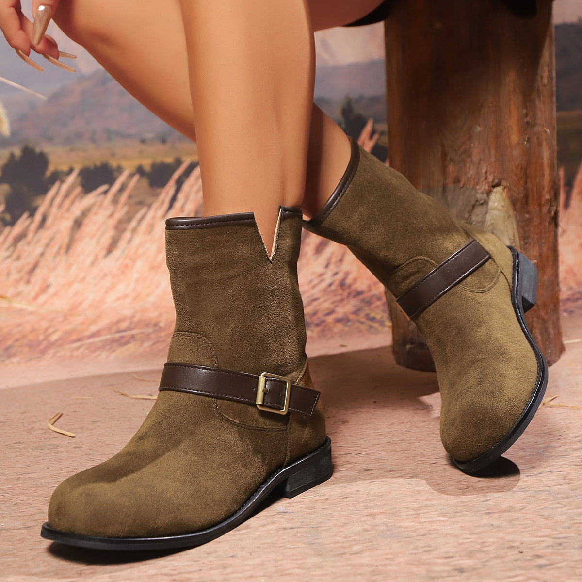 Women's Suede Buckle Strap Ankle Boots