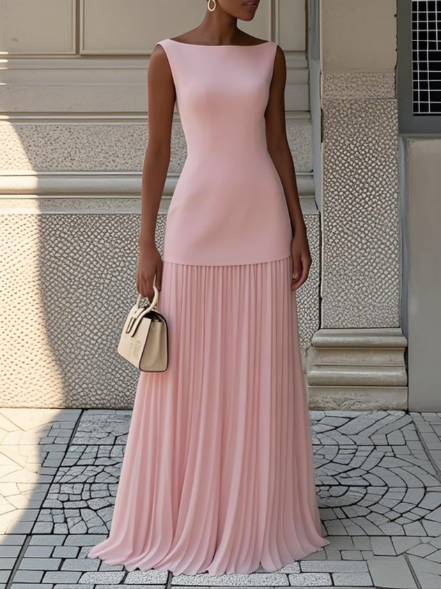 Elegant Pleated Maxi Dress for Women with Boat Neck Sleeveless Fitted Bodice Flowing Wedding Guest Style