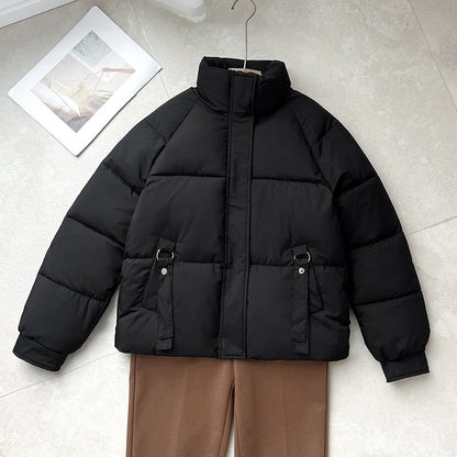 Women's Quilted Stand Collar Buckle Pocket Puffer Jacket