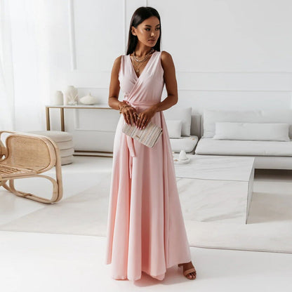 Elegant Wrap Autumn Wedding Guest Dress for Women with V Neck Sleeveless Belted Flowing Style