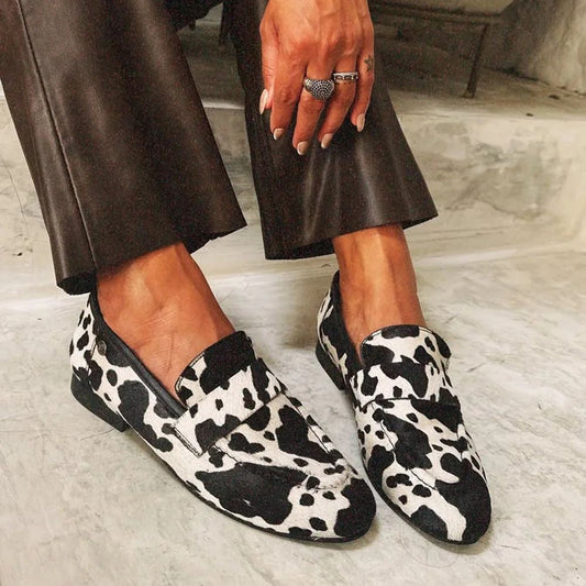 Stylish Black and White Cow Print Loafer for Women with Square Toe Slip On Low Heel Casual Style