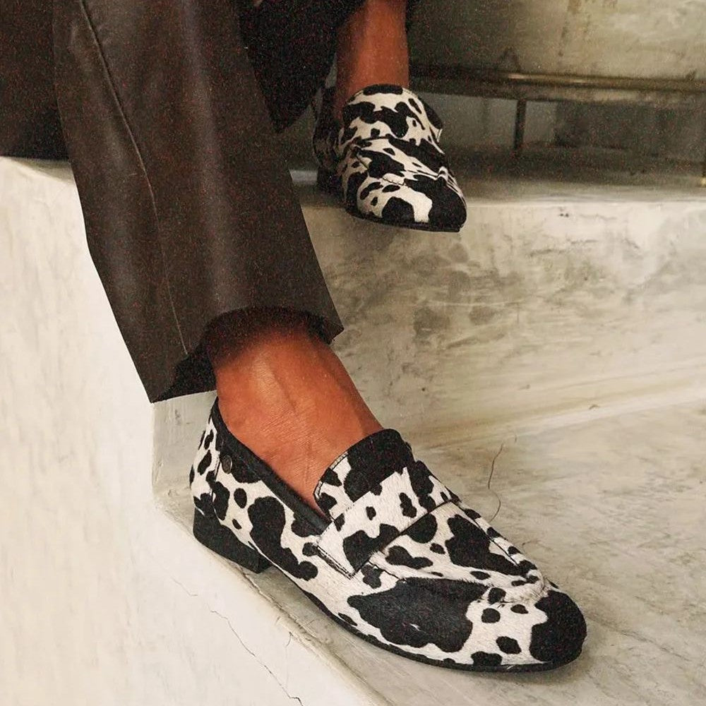 Stylish Black and White Cow Print Loafer for Women with Square Toe Slip On Low Heel Casual Style