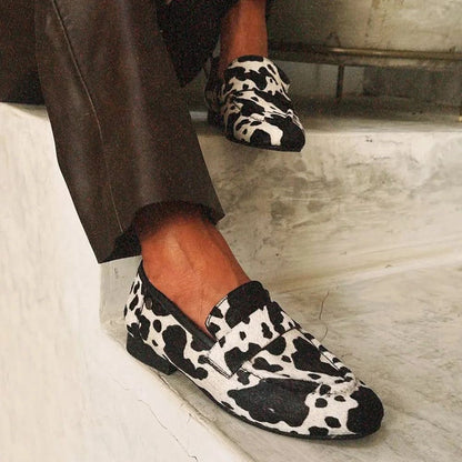 Stylish Black and White Cow Print Loafer for Women with Square Toe Slip On Low Heel Casual Style