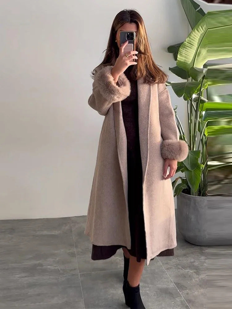 Women's Faux Fur Cuff Longline Wool Coat