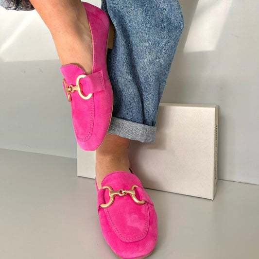 Stylish Pink Suede Loafer for Women with Gold Horsebit Buckle Casual Style