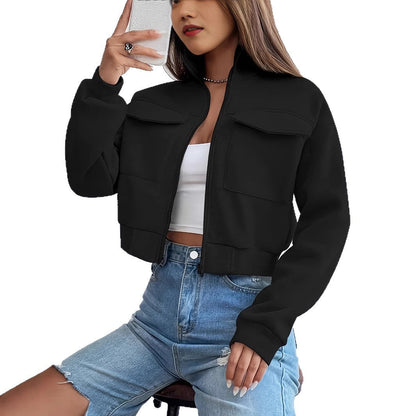 Women's Cropped Zip Front Pockets Jacket