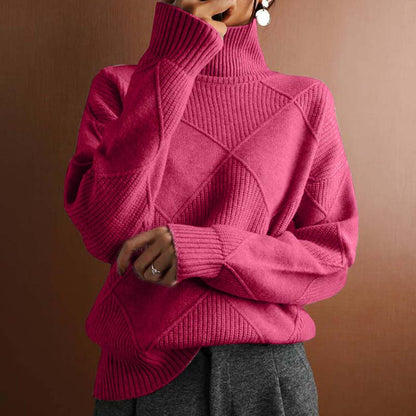 Comfortable Diamond Knit Sweater for Women with Turtleneck Long Sleeve Relaxed Oversized Style