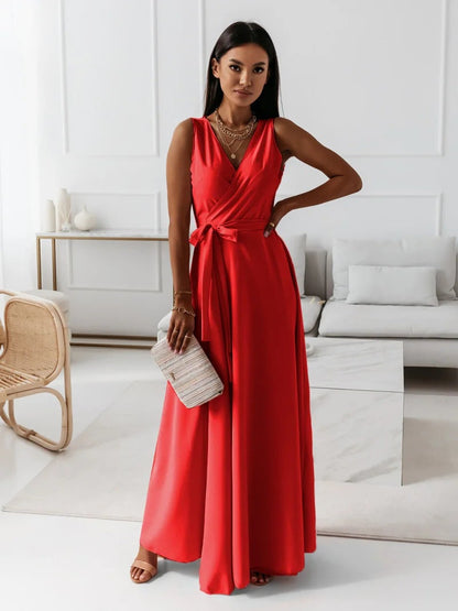 Elegant Wrap Autumn Wedding Guest Dress for Women with V Neck Sleeveless Belted Flowing Style