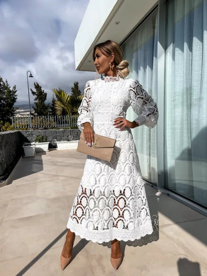 Elegant Crochet Lace Midi Dress for Women with High Neck Bishop Sleeve Scalloped Hem Wedding Guest Style