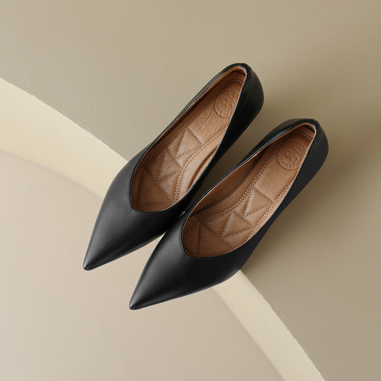 Elegant Leather Pointed Toe Kitten Heel Pump for Women with V Cut Vamp Slip On Spool Heel Style