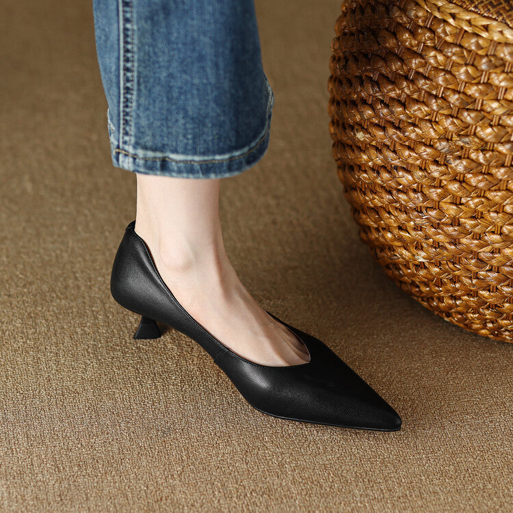 Elegant Leather Pointed Toe Kitten Heel Pump for Women with V Cut Vamp Slip On Spool Heel Style