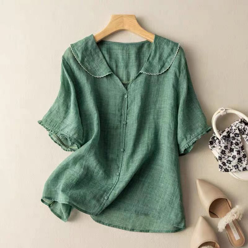 Effortless Linen Blouse for Women with Scalloped Collar Short Sleeve Button Front Casual Style