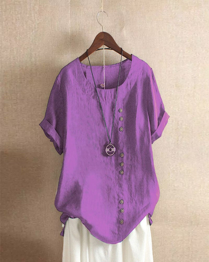 Effortless Linen Blouse for Women with Round Neck Short Sleeve Button Placket Relaxed Style