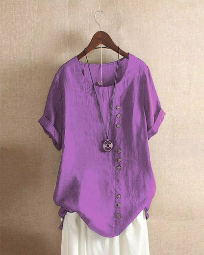 Effortless Linen Blouse for Women with Round Neck Short Sleeve Button Placket Relaxed Style