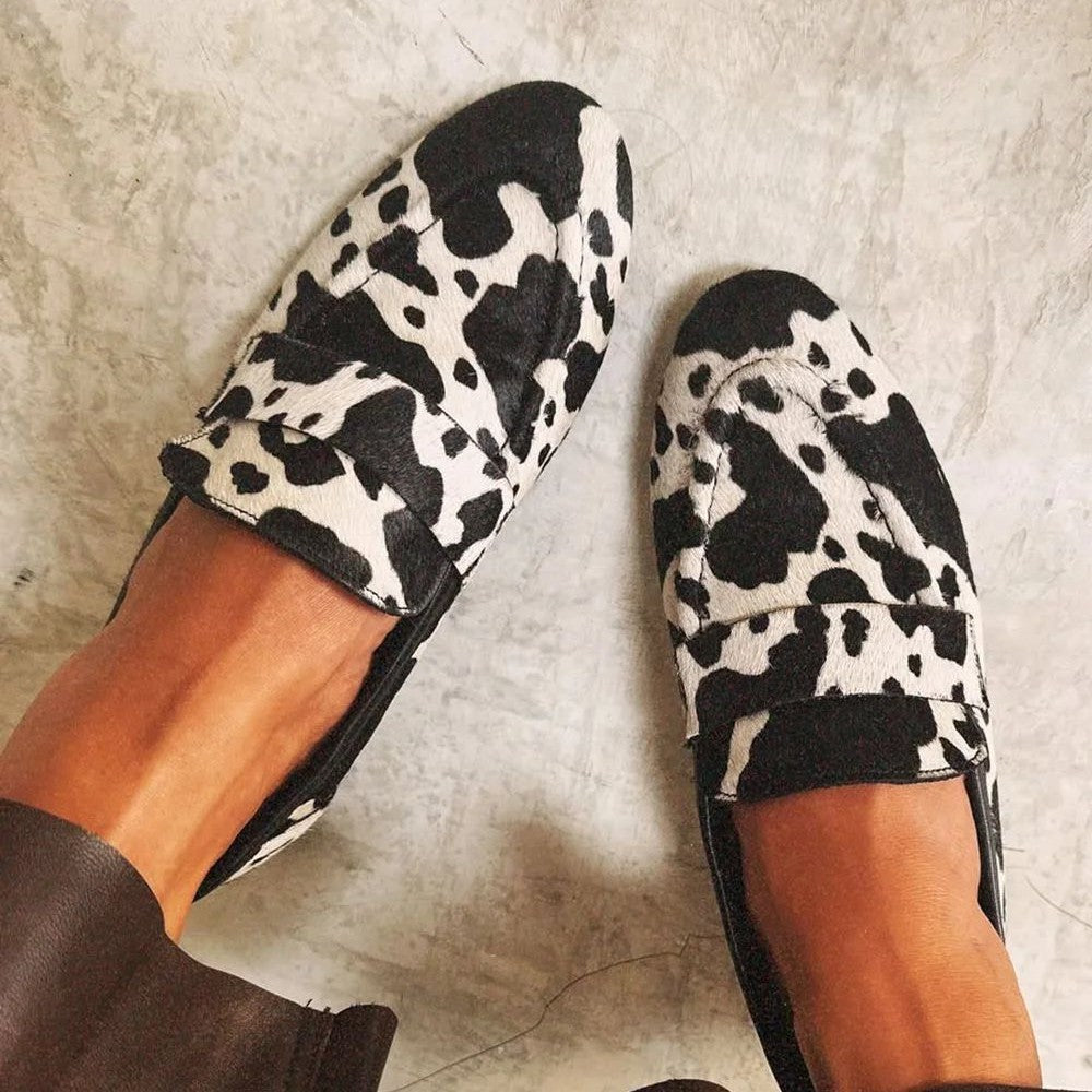 Stylish Black and White Cow Print Loafer for Women with Square Toe Slip On Low Heel Casual Style