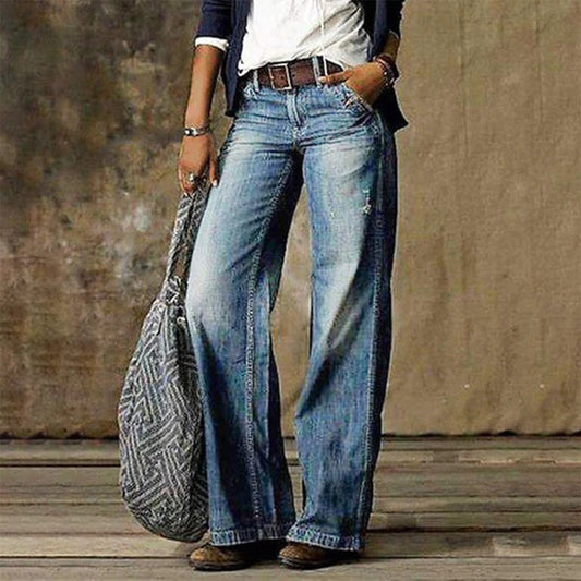 Effortless Blue Distressed Wide Leg Jeans for Women with High Waist Relaxed Bohemian Style