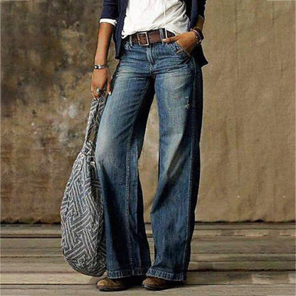 Effortless Blue Distressed Wide Leg Jeans for Women with High Waist Relaxed Bohemian Style