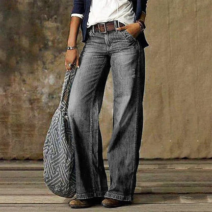 Effortless Blue Distressed Wide Leg Jeans for Women with High Waist Relaxed Bohemian Style