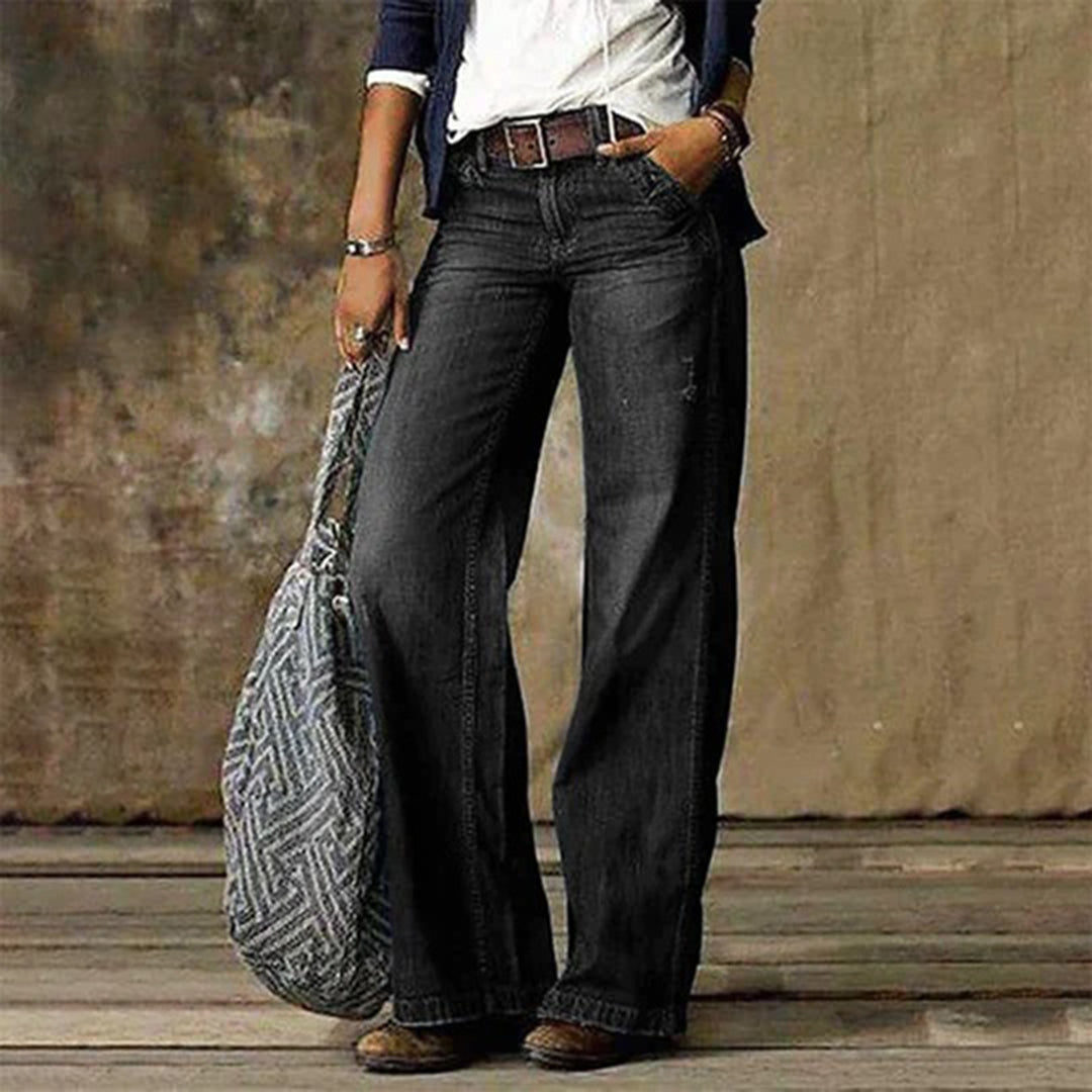 Effortless Blue Distressed Wide Leg Jeans for Women with High Waist Relaxed Bohemian Style