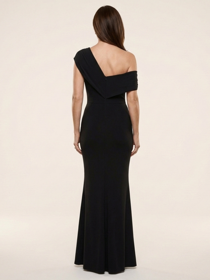 Elegant Black Draped Autumn Wedding Guest Dress for Women with One Shoulder Ruched Mermaid Formal Style