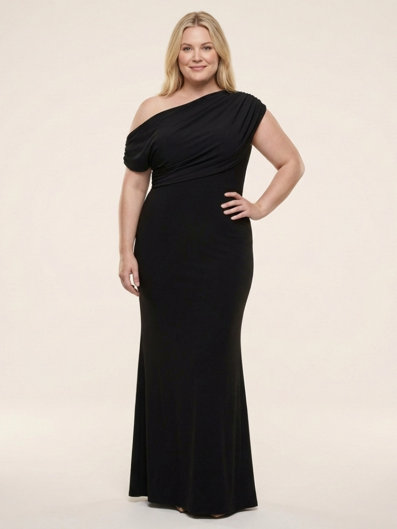 Elegant Black Draped Autumn Wedding Guest Dress for Women with One Shoulder Ruched Mermaid Formal Style