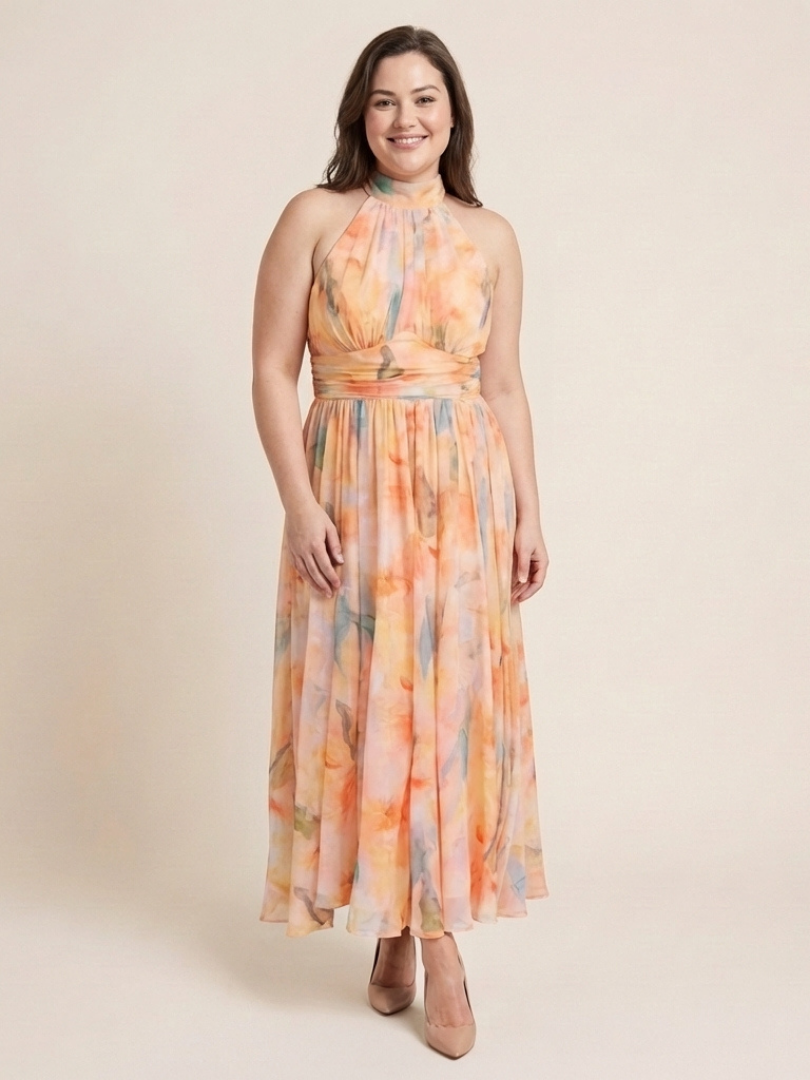 Elegant Peach Watercolor Floral Autumn Wedding Guest Dress for Women with Halter Neck Ruched Waist Flowing Maxi Style