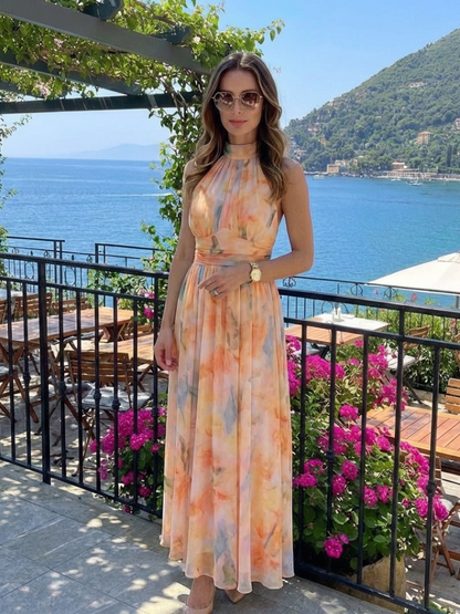Elegant Peach Watercolor Floral Autumn Wedding Guest Dress for Women with Halter Neck Ruched Waist Flowing Maxi Style