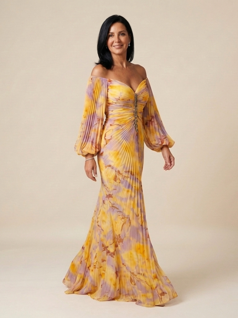 Elegant Yellow Tie Dye Autumn Wedding Guest Dress for Women with Off Shoulder Bishop Sleeve Beaded Waist Mermaid Style