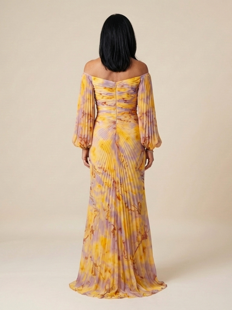 Elegant Yellow Tie Dye Autumn Wedding Guest Dress for Women with Off Shoulder Bishop Sleeve Beaded Waist Mermaid Style