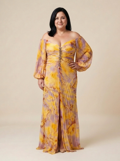 Elegant Yellow Tie Dye Autumn Wedding Guest Dress for Women with Off Shoulder Bishop Sleeve Beaded Waist Mermaid Style