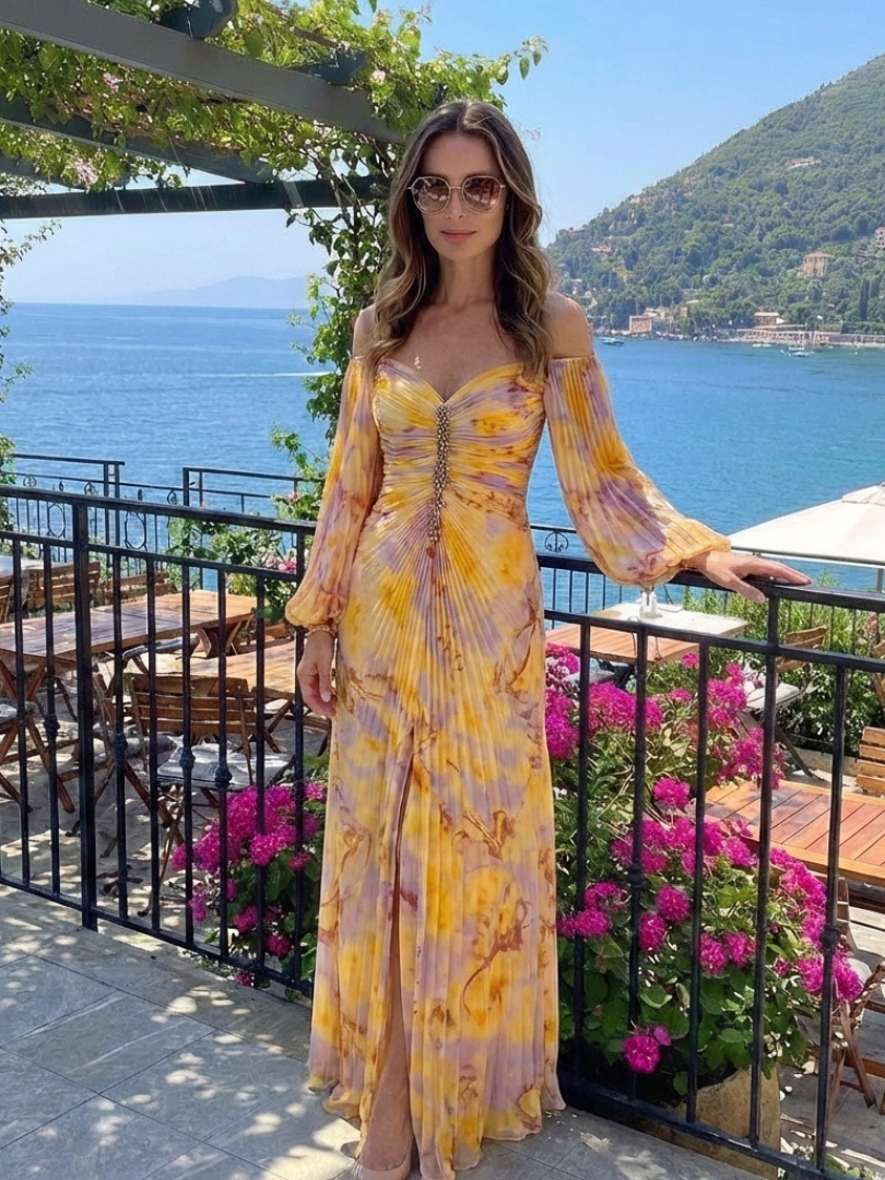 Elegant Yellow Tie Dye Autumn Wedding Guest Dress for Women with Off Shoulder Bishop Sleeve Beaded Waist Mermaid Style