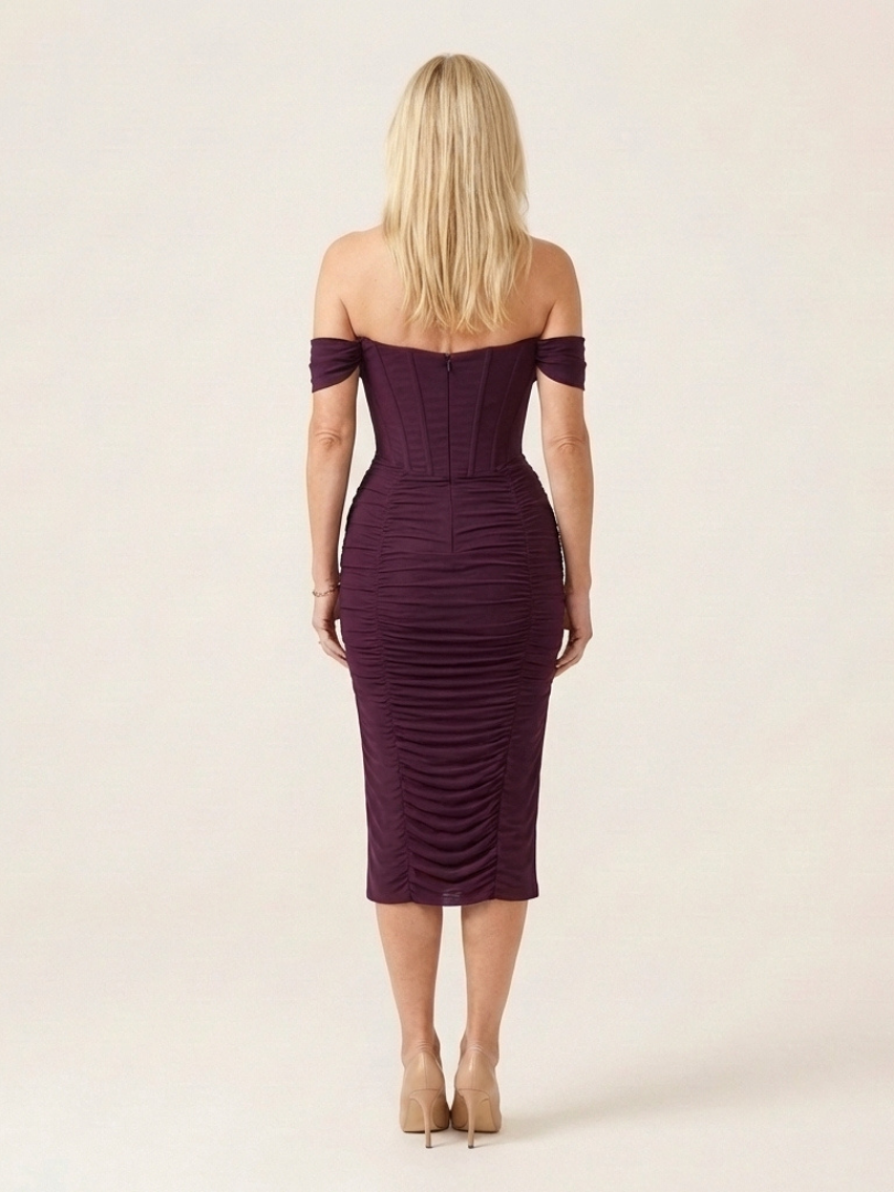 Elegant Plum Ruched Autumn Wedding Guest Dress for Women with Off Shoulder Corset Bodycon Midi Style