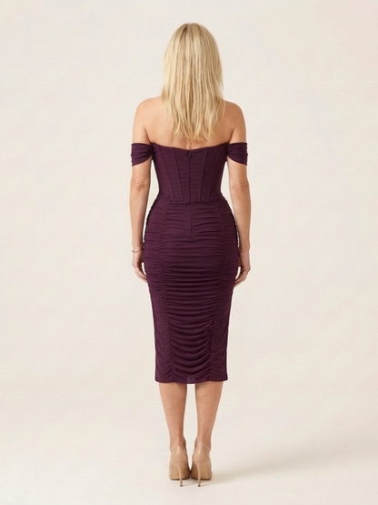 Elegant Plum Ruched Autumn Wedding Guest Dress for Women with Off Shoulder Corset Bodycon Midi Style
