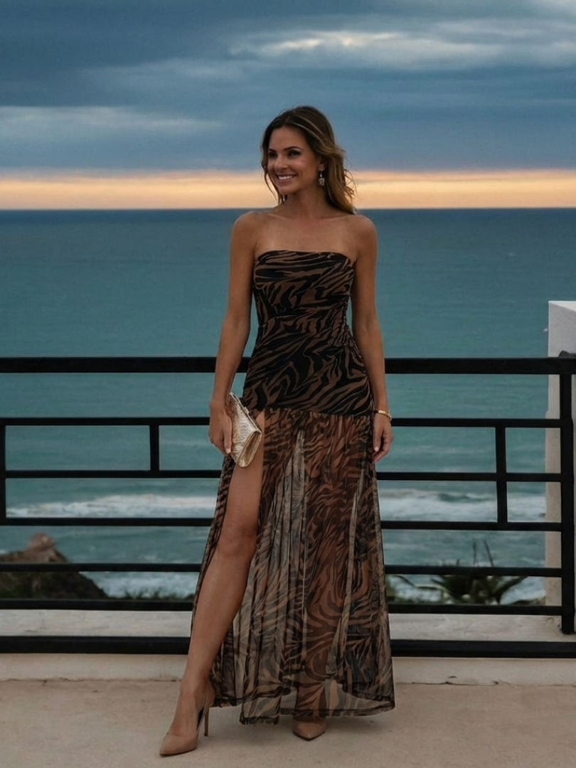 Elegant Brown Zebra Print Autumn Wedding Guest Dress for Women with Strapless Ruched Sheer High Slit Flowing Style