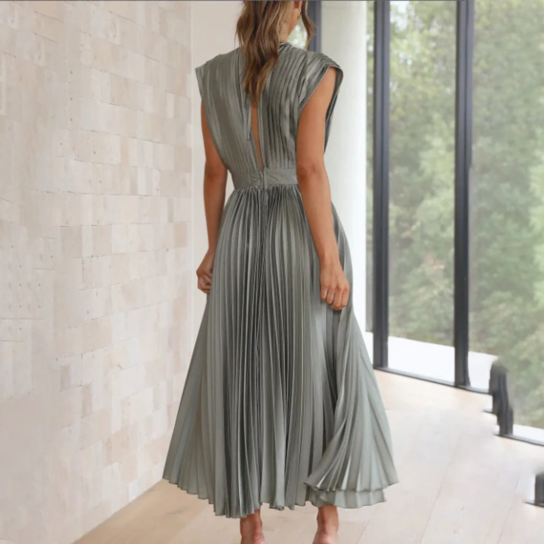 Elegant Pleated Satin Cocktail Dress for Women with V Neck Cap Sleeve Open Back Flowing Maxi Style