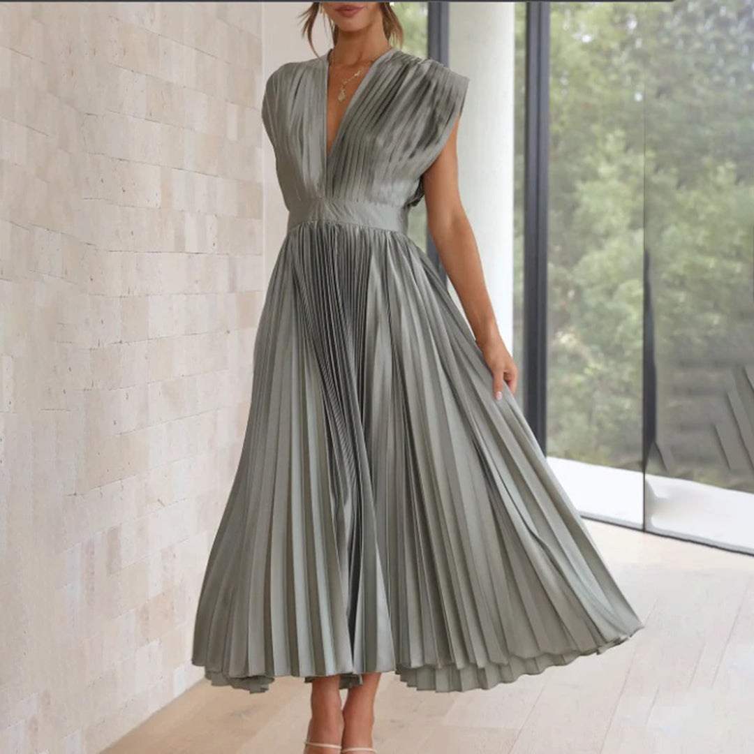 Elegant Pleated Satin Cocktail Dress for Women with V Neck Cap Sleeve Open Back Flowing Maxi Style