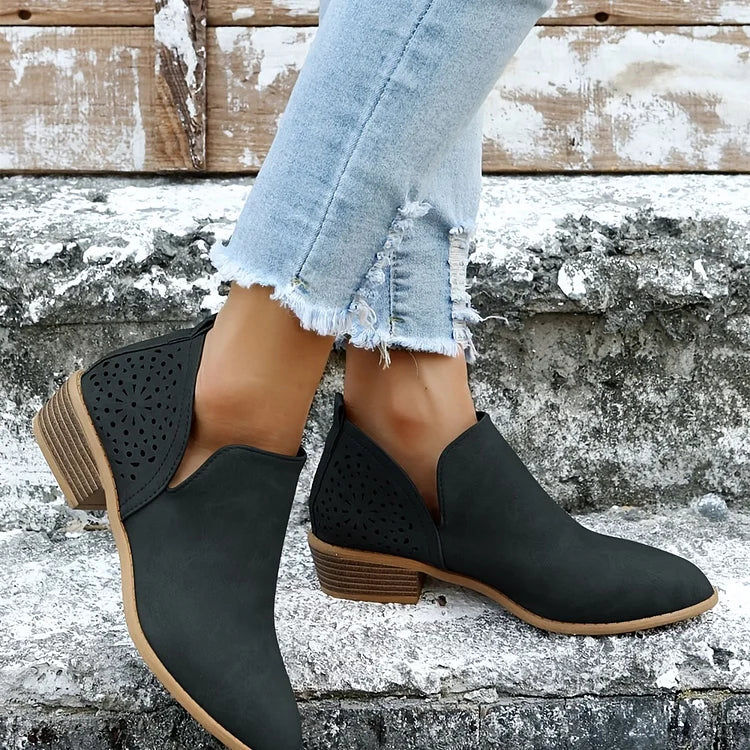 Women Perforated Floral Cutout Ankle Boots