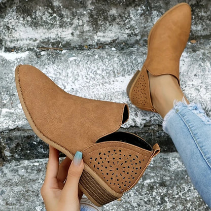 Women Perforated Floral Cutout Ankle Boots